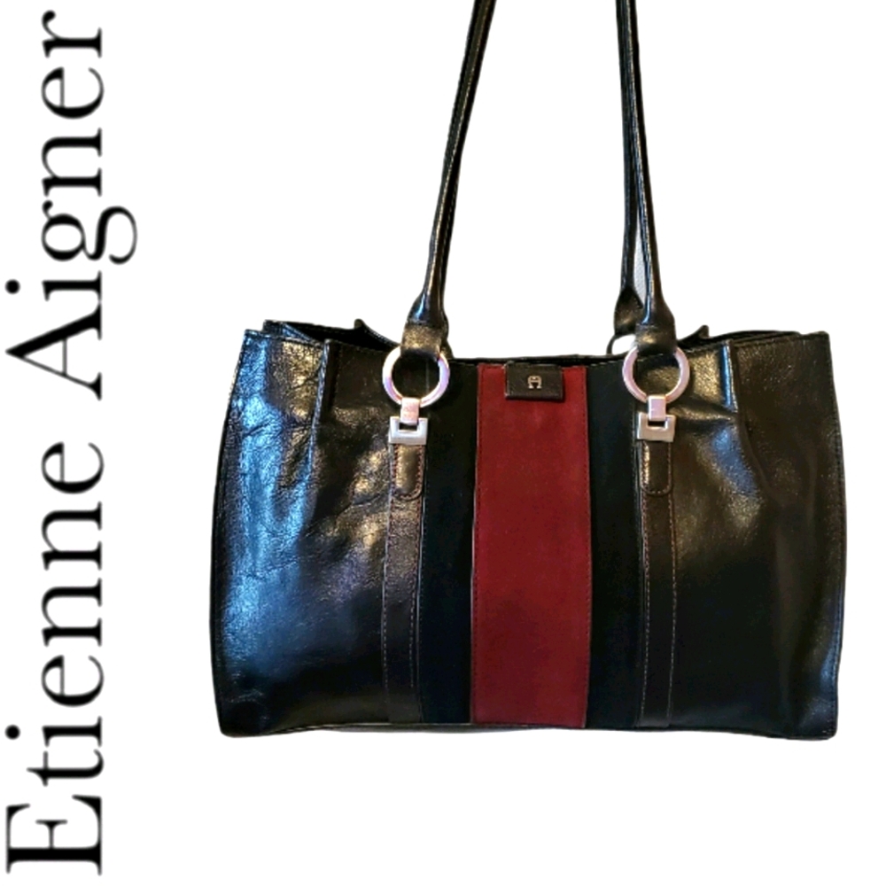 ♥ETIENNE AIGNER BLACK/CRANBERRY LEATHER SUEDE TOTE